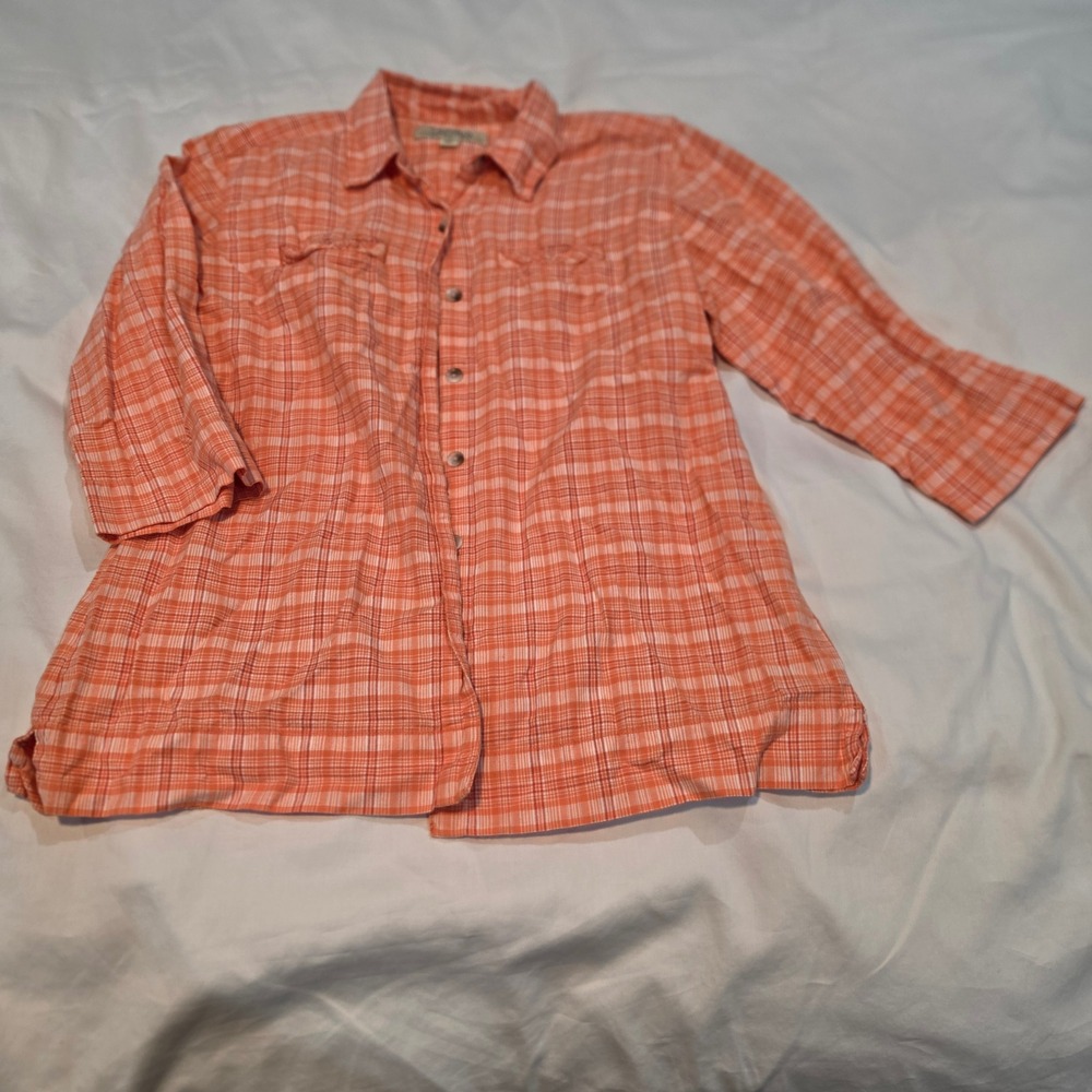 Cabelas Plaid Button Down Shirt Womens Medium Orange Excellent 3/4 Sleeve Cotton